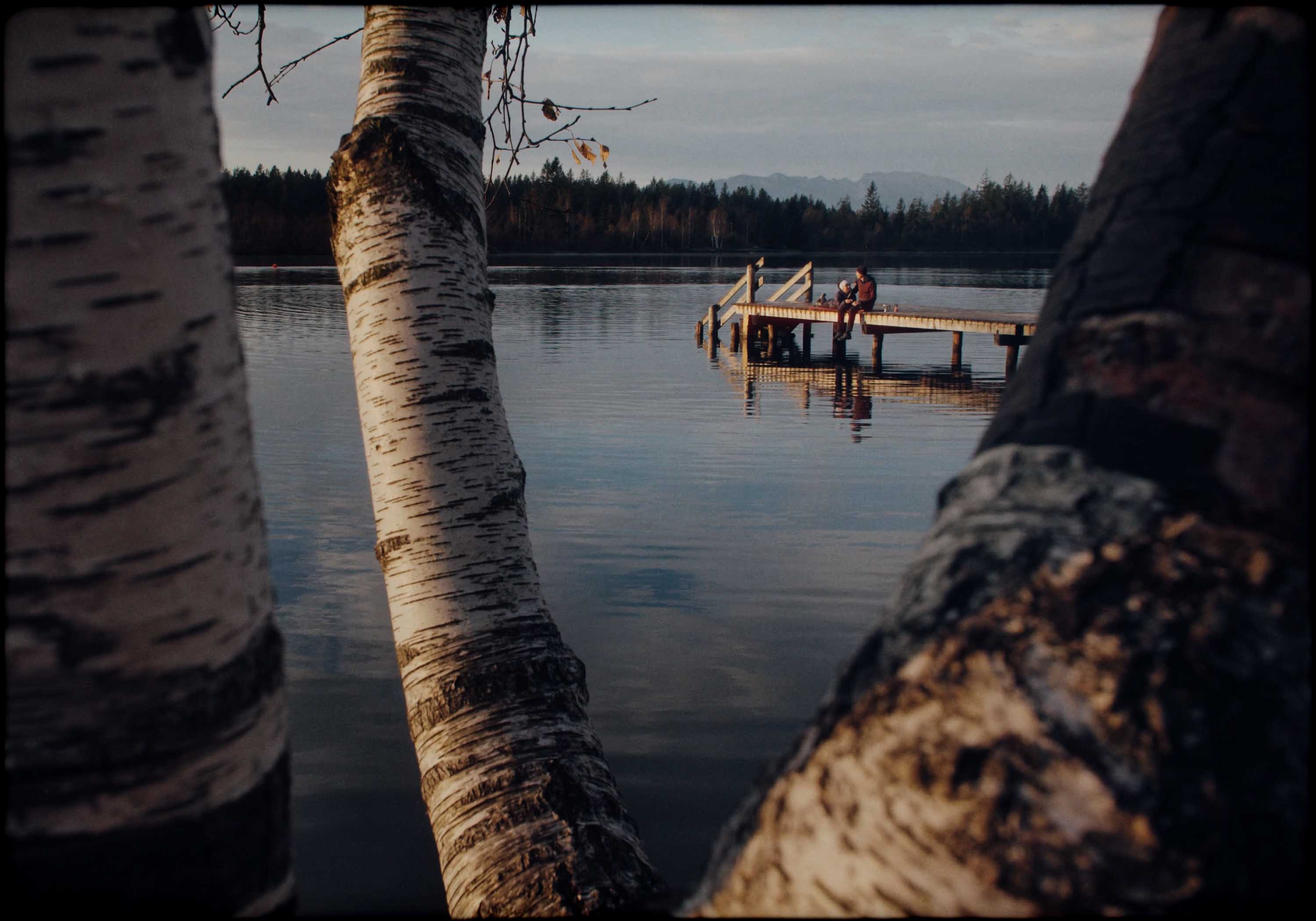 Rear view of a Porsche GT3 entering a foggy racetrack curve at dawn, headlights piercing the mist.